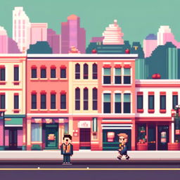 Pixel art profile picture featuring a cityscape inspired by Wes Anderson's unique aesthetic, with pastel buildings, symmetrical design, and quirky details