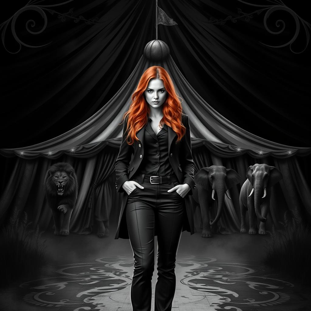 A striking dark fantasy circus book cover in black and white, featuring a woman with long ginger hair as the principal character