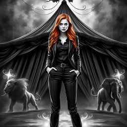 A striking dark fantasy circus book cover in black and white, featuring a woman with long ginger hair as the principal character