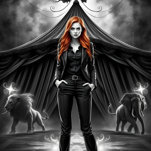 A striking dark fantasy circus book cover in black and white, featuring a woman with long ginger hair as the principal character