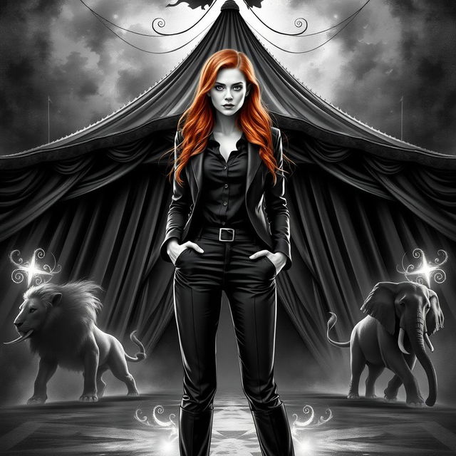 A striking dark fantasy circus book cover in black and white, featuring a woman with long ginger hair as the principal character