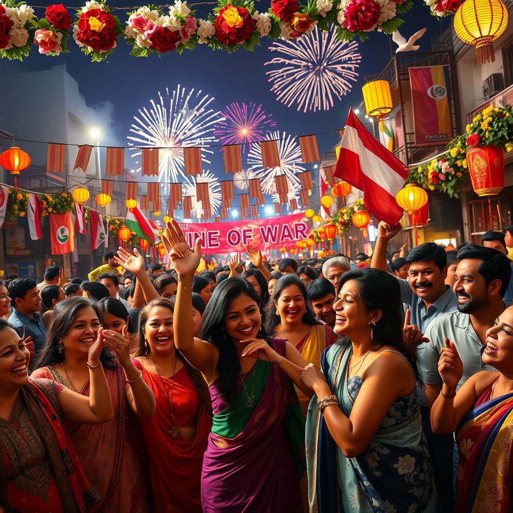 A vibrant and festive celebration scene depicting joy and hope marking the end of a war