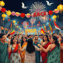 A vibrant and festive celebration scene depicting joy and hope marking the end of a war