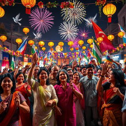 A vibrant and festive celebration scene depicting joy and hope marking the end of a war