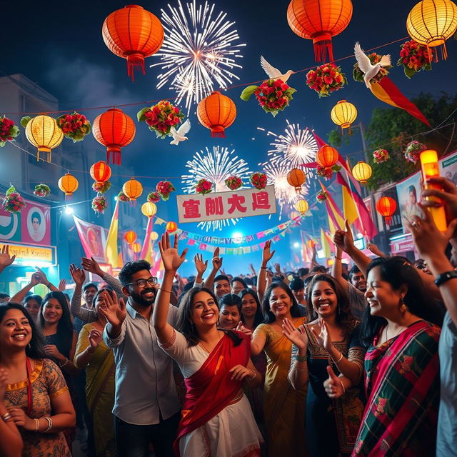 A vibrant and festive celebration scene depicting joy and hope marking the end of a war