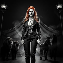 A captivating dark fantasy circus book cover in black and white, featuring a woman with long ginger hair as the principal character, exuding a commanding presence