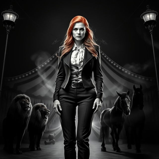 A captivating dark fantasy circus book cover in black and white, featuring a woman with long ginger hair as the principal character, exuding a commanding presence