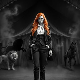A captivating dark fantasy circus book cover in black and white, featuring a woman with long ginger hair as the principal character, exuding a commanding presence