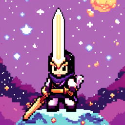 Pixel art profile picture featuring a standalone sword against a cosmic background filled with stars and galaxies.