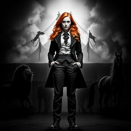 A captivating dark fantasy circus book cover in black and white, featuring a woman with long ginger hair as the principal character, exuding a commanding presence