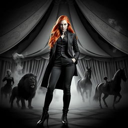 A captivating dark fantasy circus book cover in black and white, featuring a woman with long ginger hair as the principal character, exuding a commanding presence