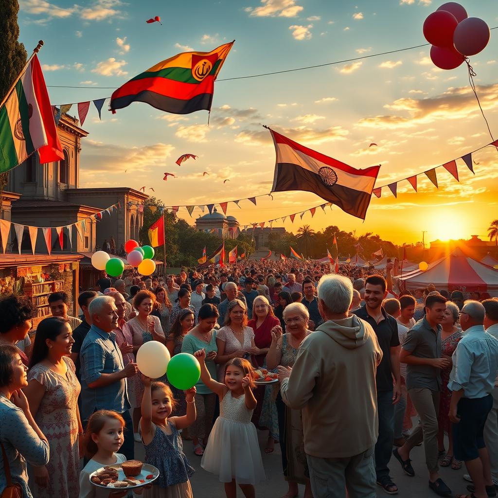 A vibrant celebration scene depicting the joyous end of a war, with people of diverse backgrounds coming together in a festive atmosphere