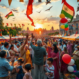 A vibrant celebration scene depicting the joyous end of a war, with people of diverse backgrounds coming together in a festive atmosphere