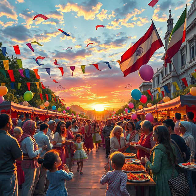 A vibrant celebration scene depicting the joyous end of a war, with people of diverse backgrounds coming together in a festive atmosphere