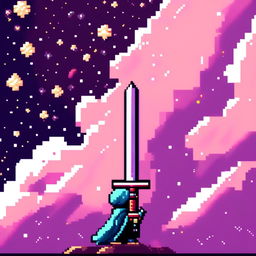 Pixel art profile picture featuring a standalone sword against a cosmic background filled with stars and galaxies.