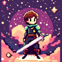 Pixel art profile picture featuring a standalone sword against a cosmic background filled with stars and galaxies.