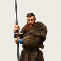 A standing medieval human barbarian with short brown hair and a rugged beard