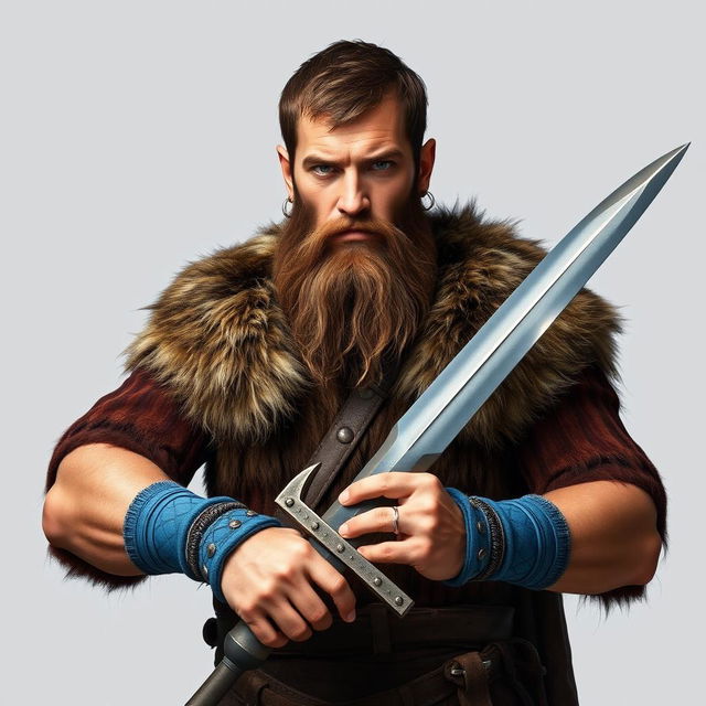 A standing medieval human barbarian with short brown hair and a rugged beard