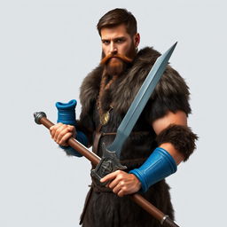 A standing medieval human barbarian with short brown hair and a rugged beard