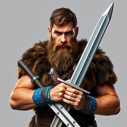 A standing medieval human barbarian with short brown hair and a rugged beard