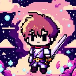 Pixel art profile picture featuring a standalone sword against a cosmic background filled with stars and galaxies.