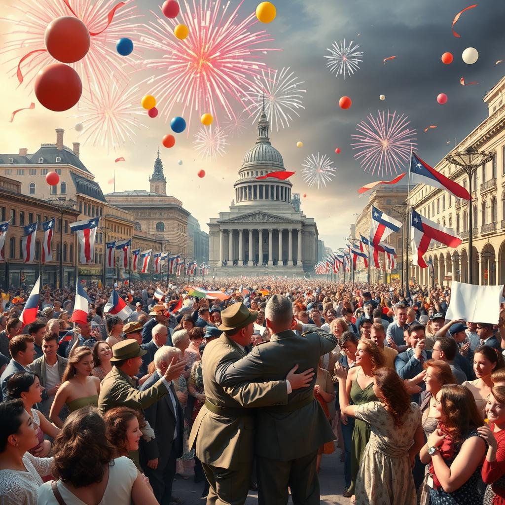 A historical celebration scene depicting the joyous end of World War II, capturing the atmosphere of victory and relief