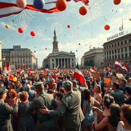 A historical celebration scene depicting the joyous end of World War II, capturing the atmosphere of victory and relief