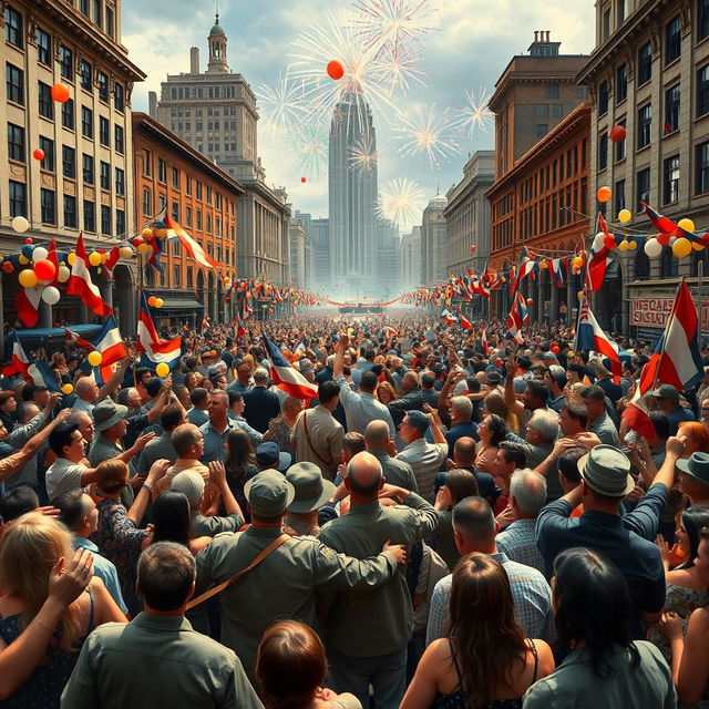 A historical celebration scene depicting the joyous end of World War II, capturing the atmosphere of victory and relief