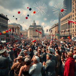 A historical celebration scene depicting the joyous end of World War II, capturing the atmosphere of victory and relief