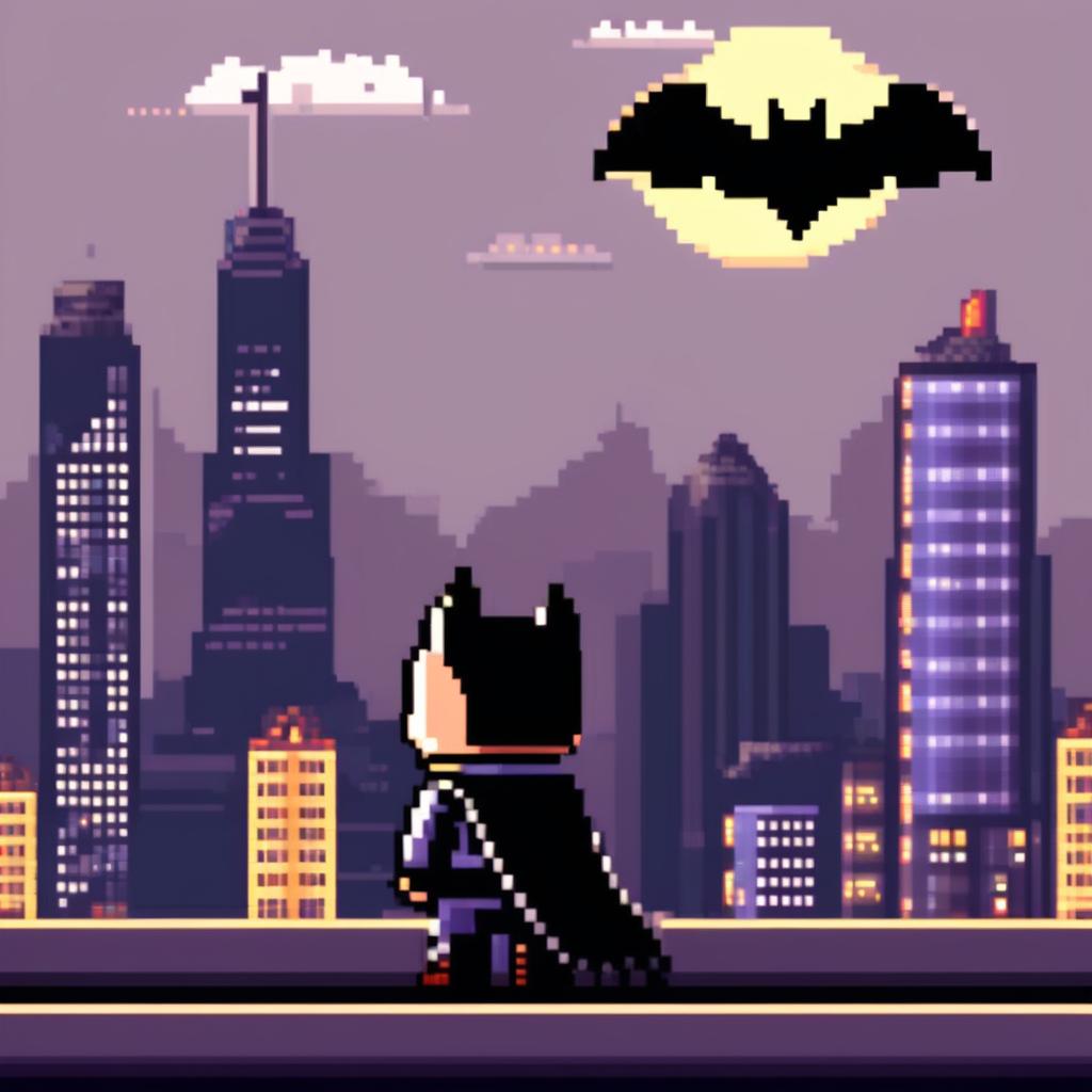 Pixel art profile picture featuring a dark and brooding Gotham City skyline at night, with iconic buildings and a bat signal in the sky