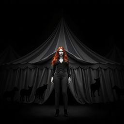 A simple yet impactful dark fantasy circus book cover in black and white, featuring a realistic woman with long ginger hair as the principal
