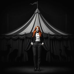A simple yet impactful dark fantasy circus book cover in black and white, featuring a realistic woman with long ginger hair as the principal