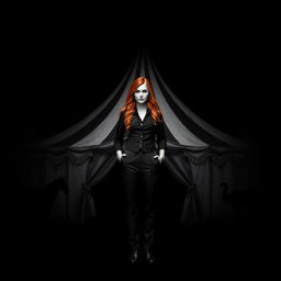 A simple yet impactful dark fantasy circus book cover in black and white, featuring a realistic woman with long ginger hair as the principal