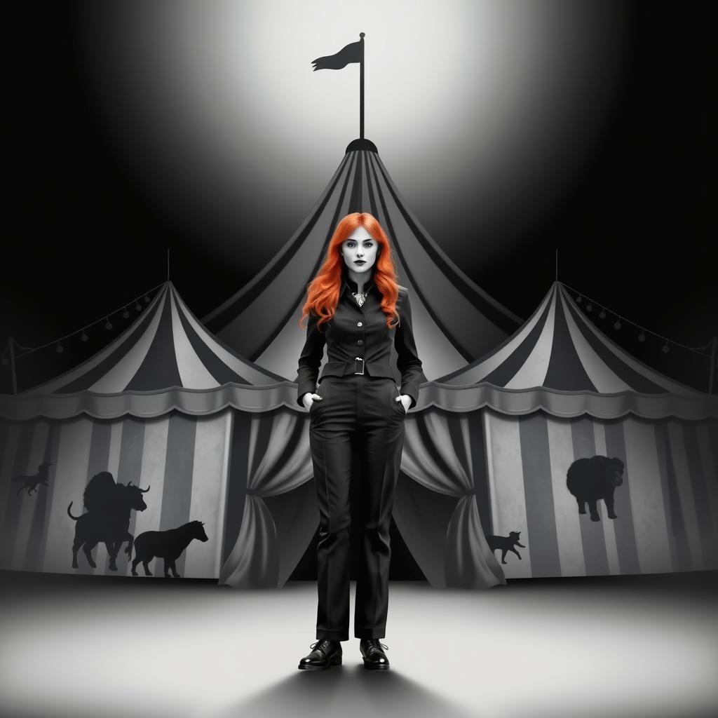 A simple yet impactful dark fantasy circus book cover in black and white, featuring a realistic woman with long ginger hair as the principal