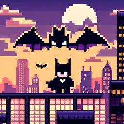 Pixel art profile picture featuring a dark and brooding Gotham City skyline at night, with iconic buildings and a bat signal in the sky