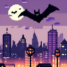 Pixel art profile picture featuring a dark and brooding Gotham City skyline at night, with iconic buildings and a bat signal in the sky