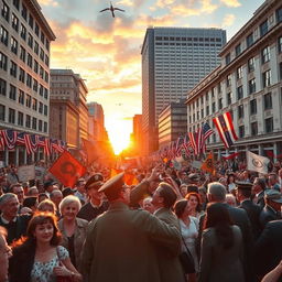 A historical celebration scene depicting the joyous end of World War II, capturing the atmosphere of victory and relief