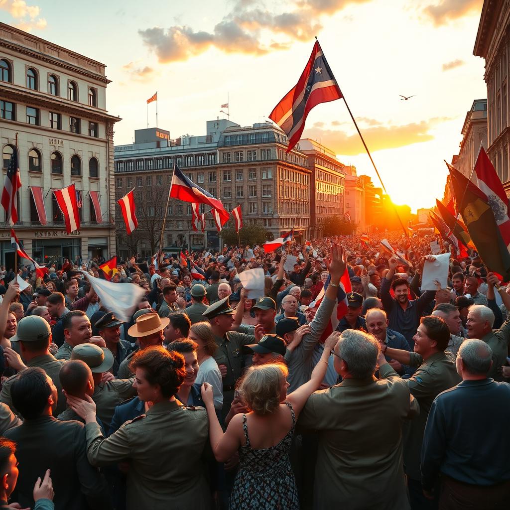 A historical celebration scene depicting the joyous end of World War II, capturing the atmosphere of victory and relief