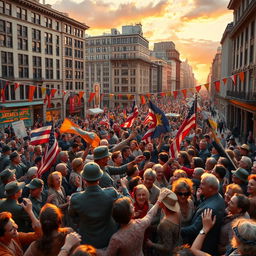 A historical celebration scene depicting the joyous end of World War II, capturing the atmosphere of victory and relief