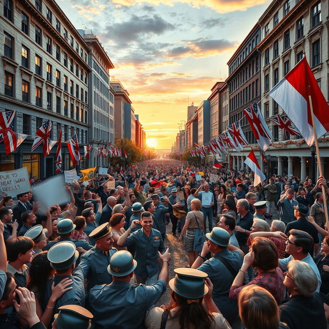 A historical celebration scene depicting the joyous end of World War II, capturing the atmosphere of victory and relief