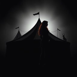 A simplistic yet striking dark fantasy circus book cover featuring a silhouette of a woman with long ginger hair, representing the principal