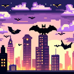 Pixel art profile picture featuring a dark and brooding Gotham City skyline at night, with iconic buildings and a bat signal in the sky