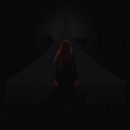 A simplistic yet striking dark fantasy circus book cover featuring a silhouette of a woman with long ginger hair, representing the principal