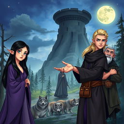 A fantasy book cover illustration featuring a young sorceress, 16 years old, with long black hair and blue eyes, wearing a flowing robe