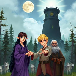 A fantasy book cover illustration featuring a young sorceress, 16 years old, with long black hair and blue eyes, wearing a flowing robe