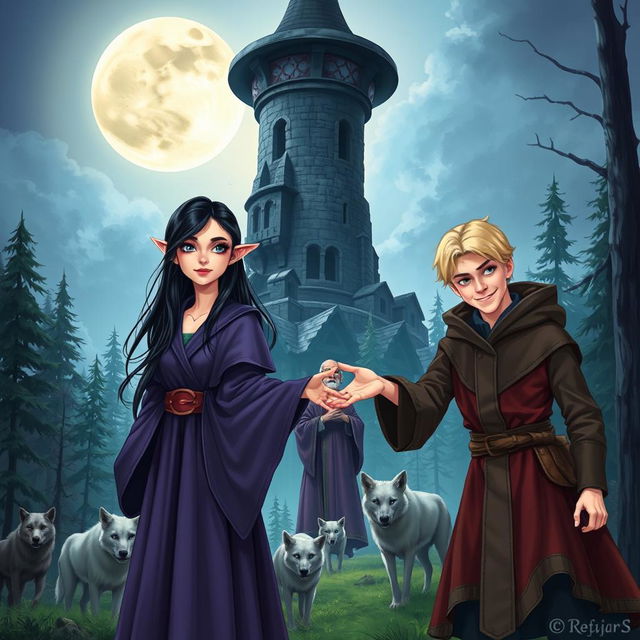 A fantasy book cover illustration featuring a young sorceress, 16 years old, with long black hair and blue eyes, wearing a flowing robe