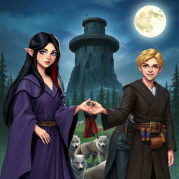 A fantasy book cover illustration featuring a young sorceress, 16 years old, with long black hair and blue eyes, wearing a flowing robe