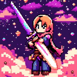 Pixel art profile picture featuring a standalone sword against a cosmic background filled with stars and galaxies.