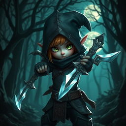 A small, shadowy female gnome rogue, skillfully wielding two epic daggers, set against a backdrop of a mystical forest at night