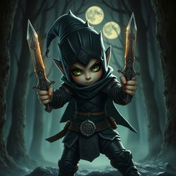 A small, shadowy female gnome rogue, skillfully wielding two epic daggers, set against a backdrop of a mystical forest at night